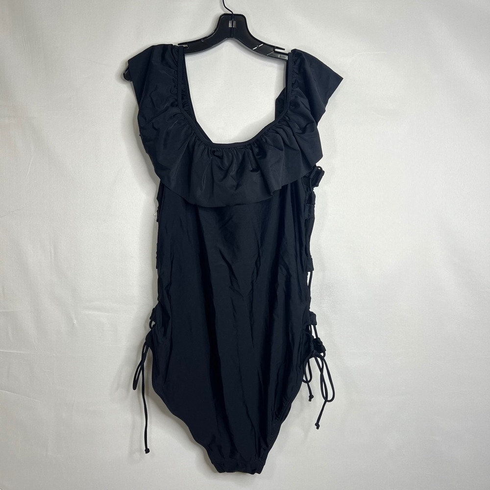 NEW Lace Up Black One Piece Swimsuit Womens 3X Ruffle Sexy Plus Size Beachwear - Picture 7 of 11